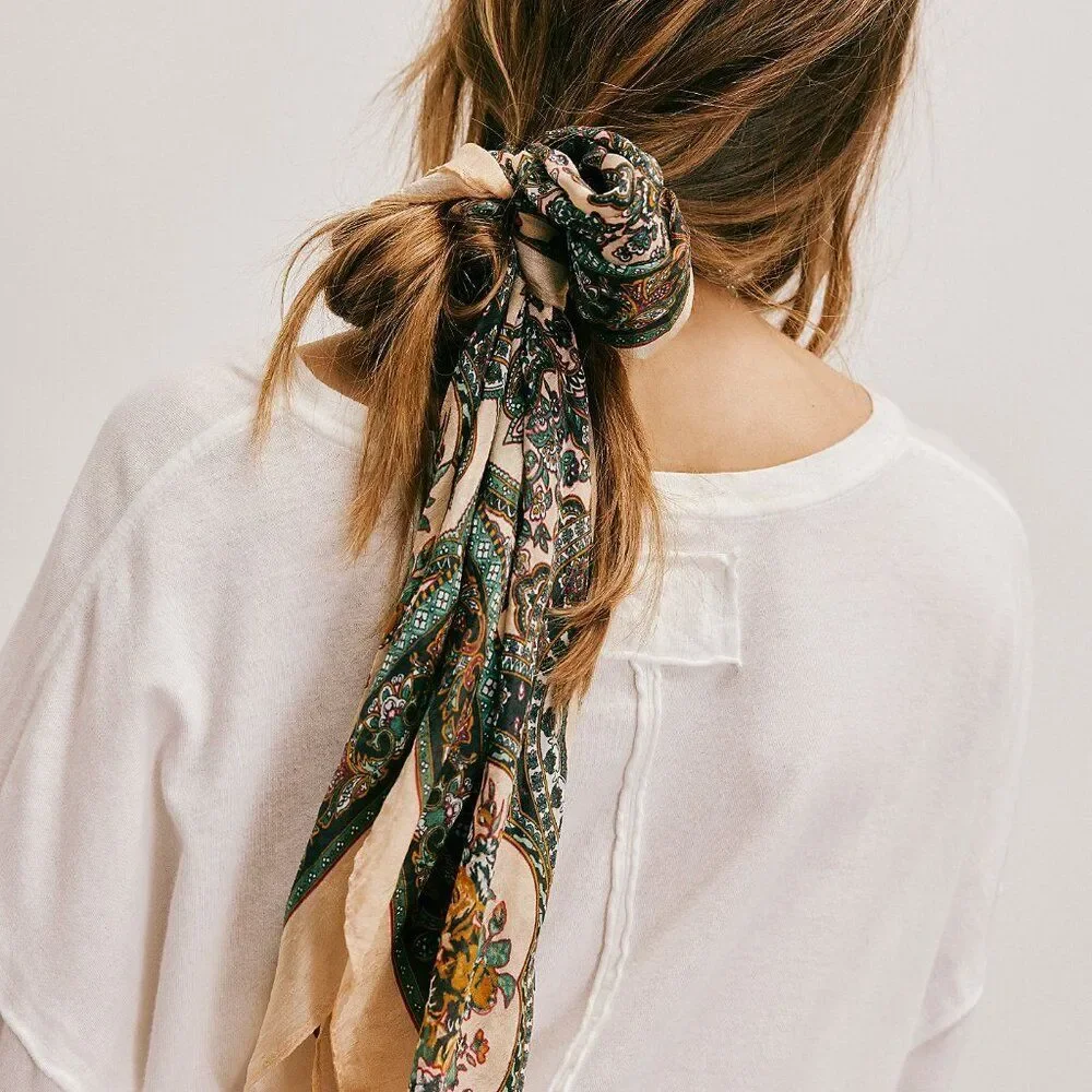 Beautiful Paisley Bird motifs Boho Large Silk Scarf in Blue, Green, Orange 30”